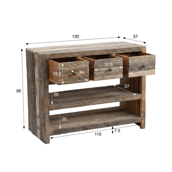 Console met 3 lades in donker, ruw oud hout - Antique