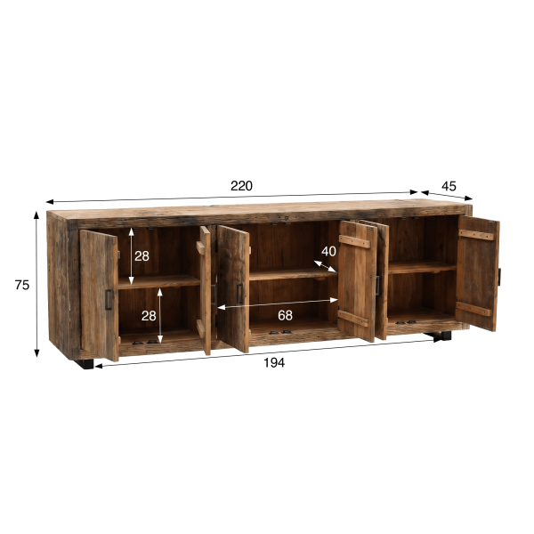 Dressoir in donker, ruw oud hout 220 cm - Antique