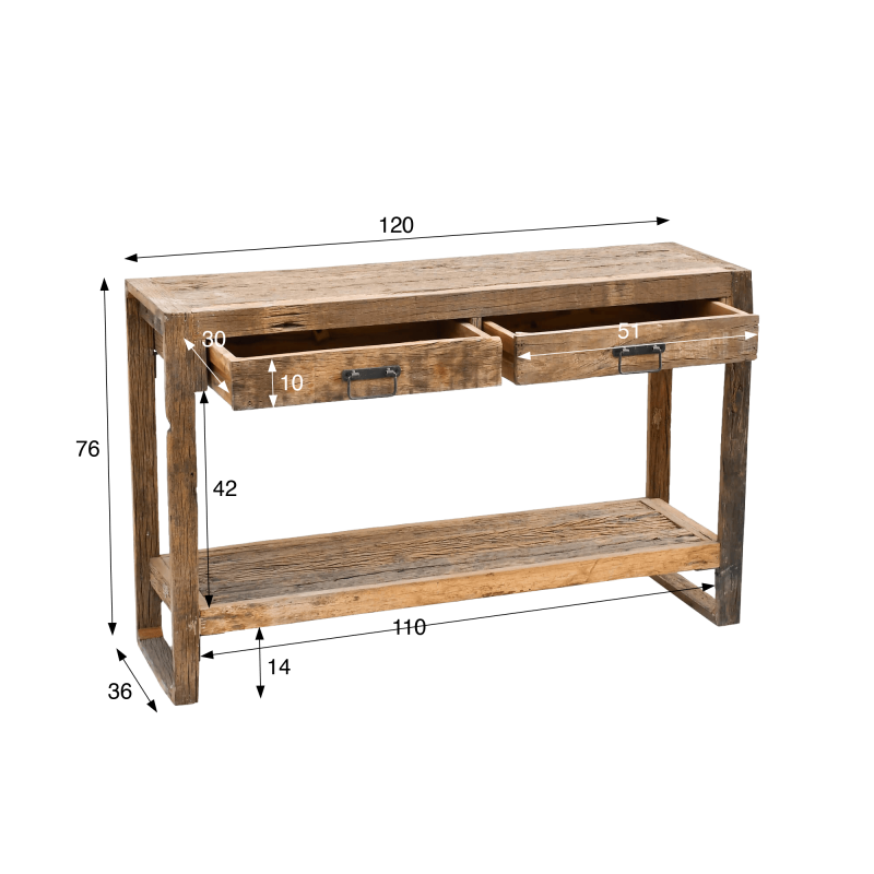 Console in massief, ruw oud hout - Antique