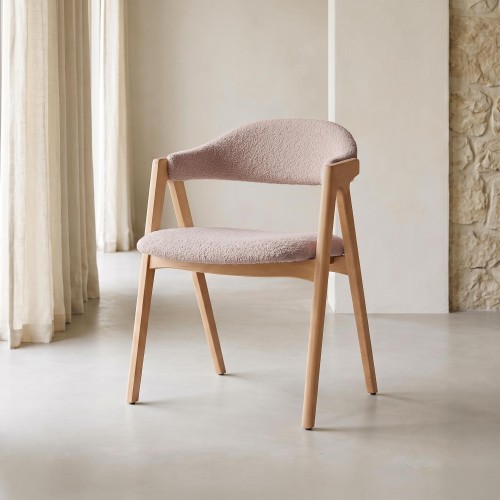 Stoel in natuurlijk hout en beige bouclé stof – Lykke