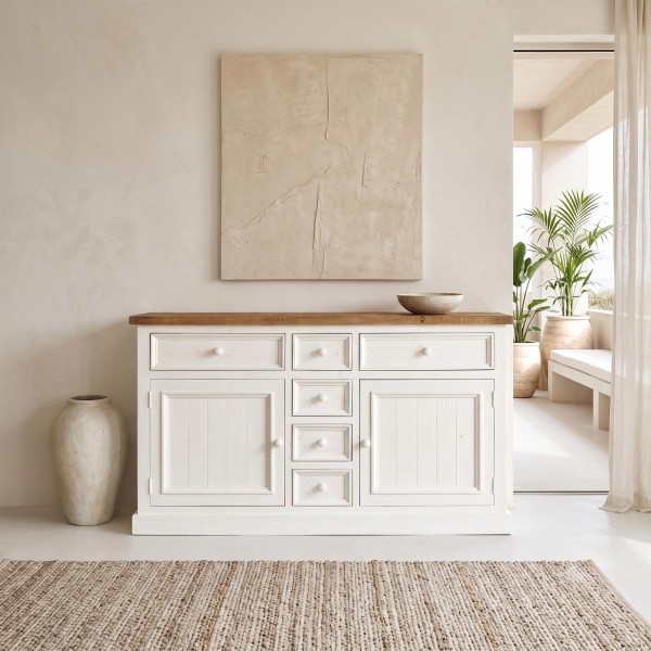 Dressoir in wit en houtkleurig massief grenenhout 160 cm - Mayfield