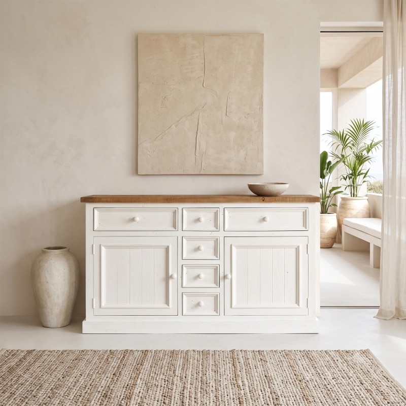 Dressoir in wit en houtkleurig massief grenenhout 160 cm - Mayfield