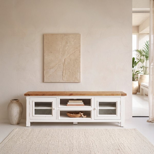 Tv-meubel in wit en houtkleurig massief grenenhout 170 cm - Mayfield