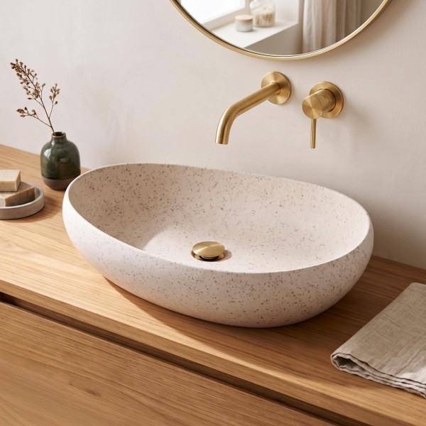 Ovale badkamerwaskom in wit terrazzo 60 x 40 cm - Aroha