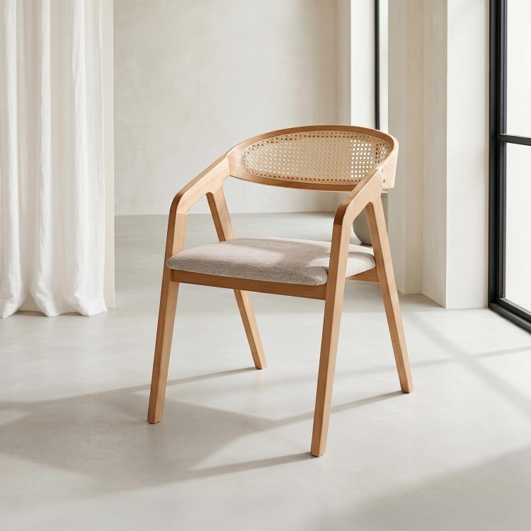 Eetkamerstoel met rugleuning in rotan en beige stof – Seren