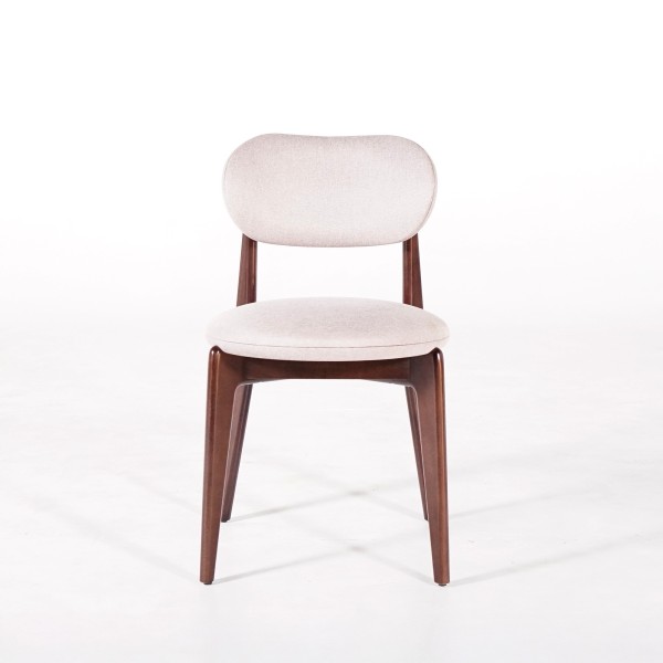 Eetkamerstoel in massief hout met walnootafwerking en beige stoffen bekleding - Svala