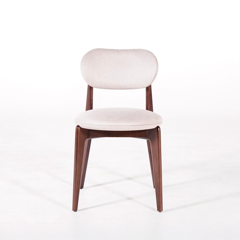 Eetkamerstoel in massief hout met walnootafwerking en beige stoffen bekleding - Svala