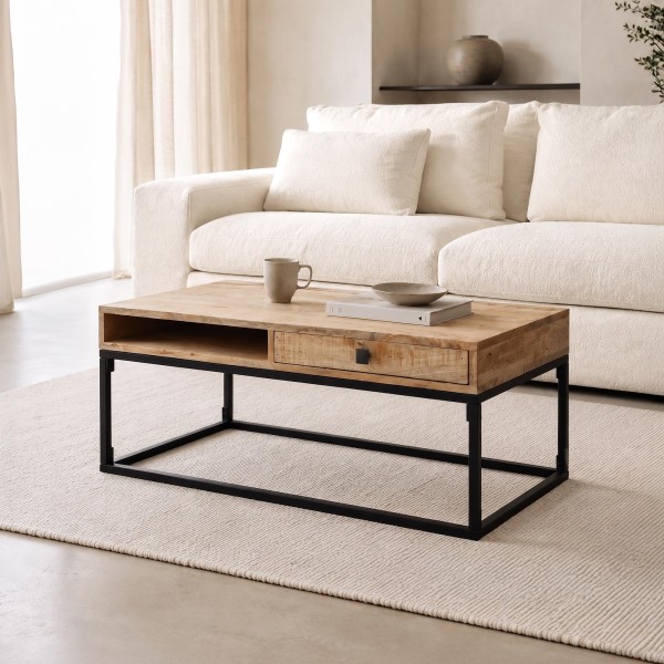 Salontafel in massief mangohout met metalen frame