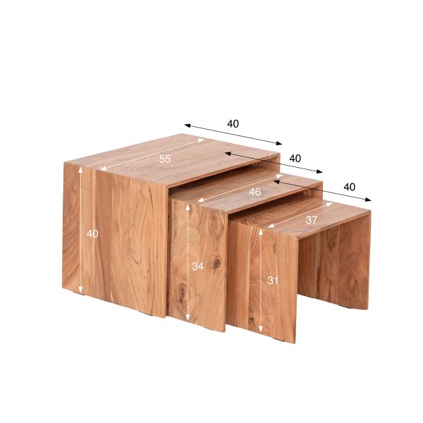 Set van 3 nesttafels van naturel massief hout - Mono