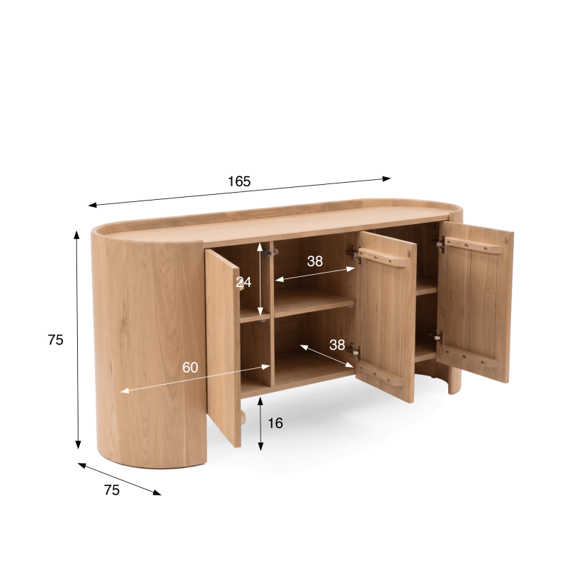 Dressoir in massief eikenhout met 3 deuren 165 cm - Lago