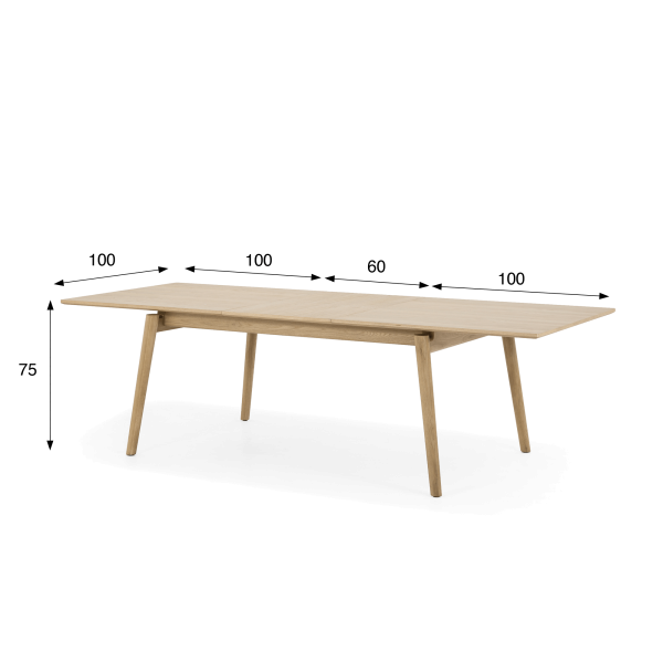 Eettafel van eikenhout 200 x 100 cm met verlengblad van 60 cm - Elin