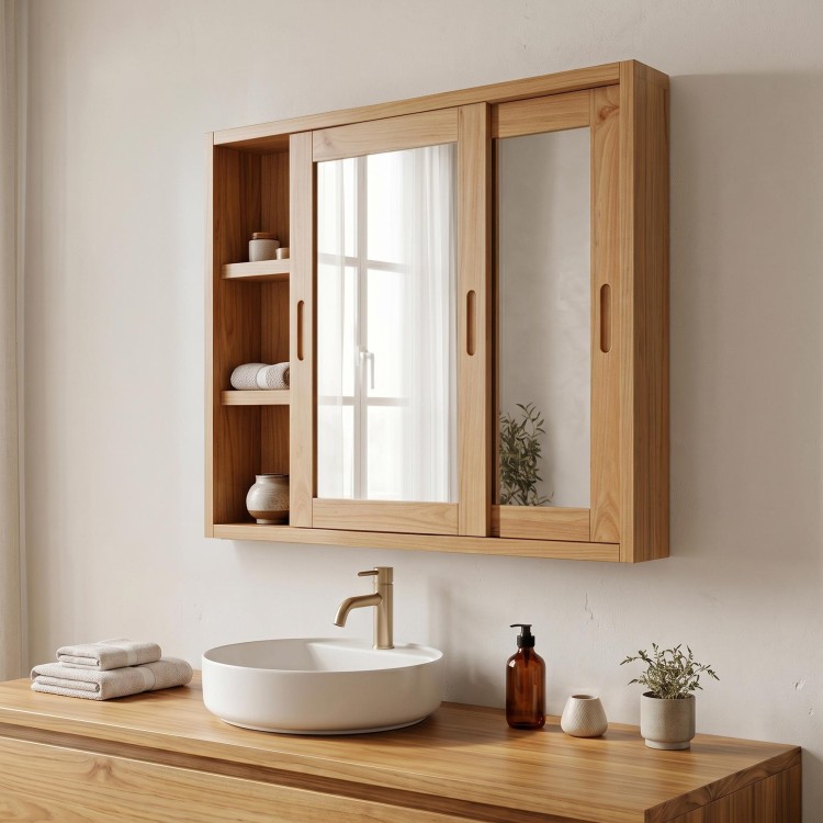 Badkamerkast 80 cm in massief hout met spiegel en schuifdeuren