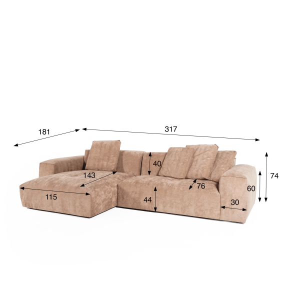 Hoekzetel 5-zits in stof met chaise longue links - Olya
