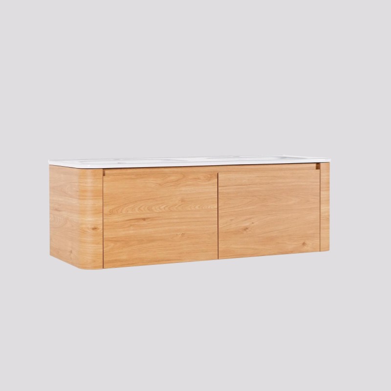 Zwevend badkamermeubel met dubbele wastafel in licht walnoothout 120 cm - Celestine