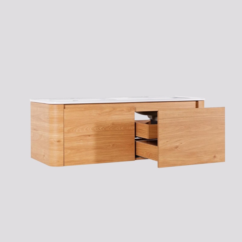 Zwevend badkamermeubel met dubbele wastafel in licht walnoothout 120 cm - Celestine