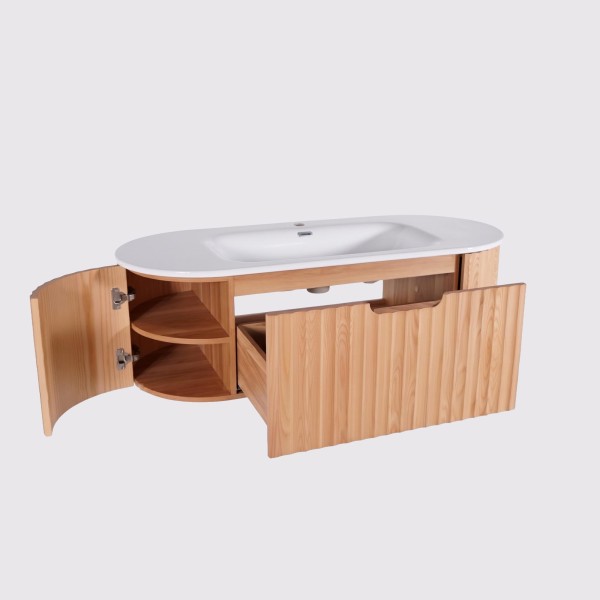 Zwevend badkamermeubel met dubbele wastafel van naturel acaciahout 120 cm - Sphene
