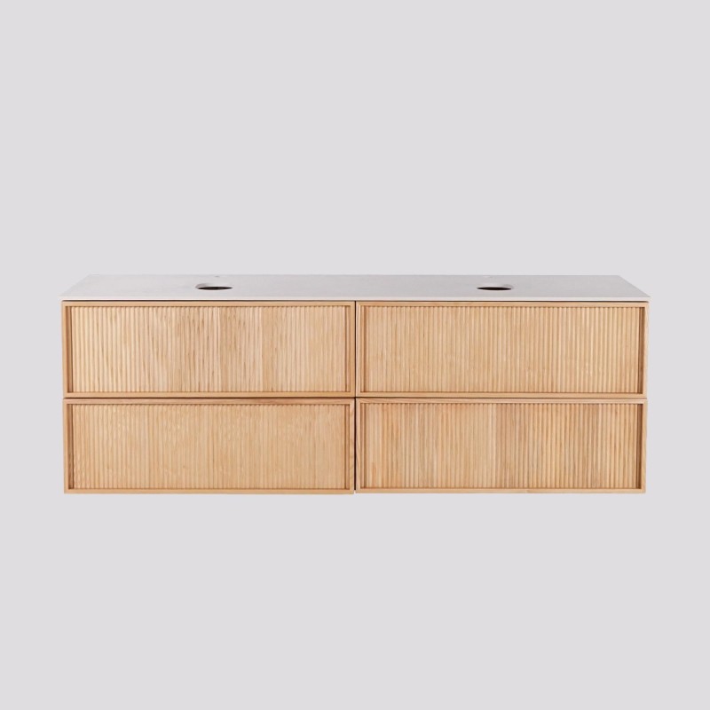 Zwevende onderkast voor dubbele wastafel in licht walnoothout met wit keramisch blad 150 cm - Carnelian
