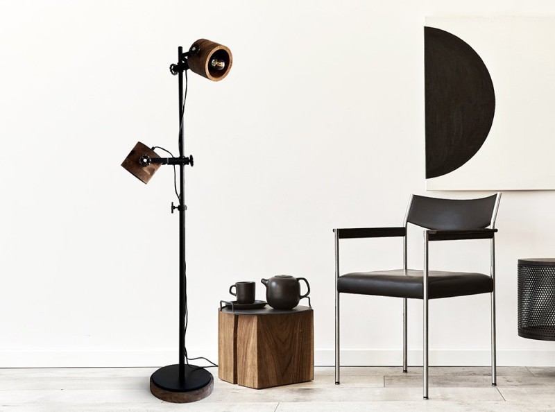 Industriële vloerlamp van hout en metaal - Woody