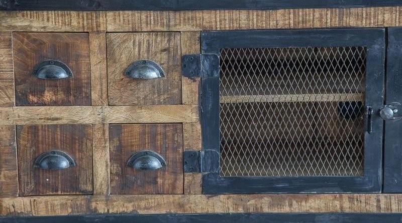 industrieel TV meubel met 6 laden carbonkleurige afwerking