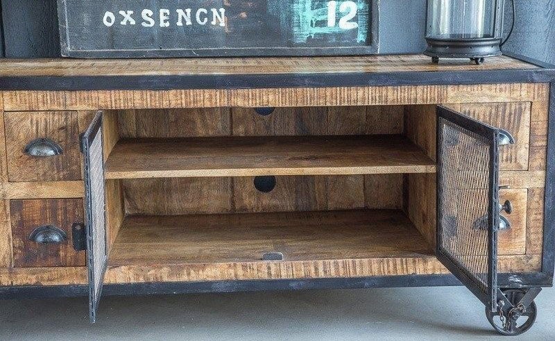industrieel TV meubel met 6 laden carbonkleurige afwerking