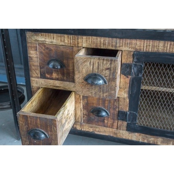 industrieel TV meubel met 6 laden carbonkleurige afwerking
