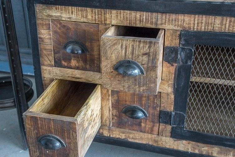 industrieel TV meubel met 6 laden carbonkleurige afwerking