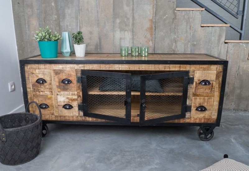 industrieel TV meubel met 6 laden carbonkleurige afwerking