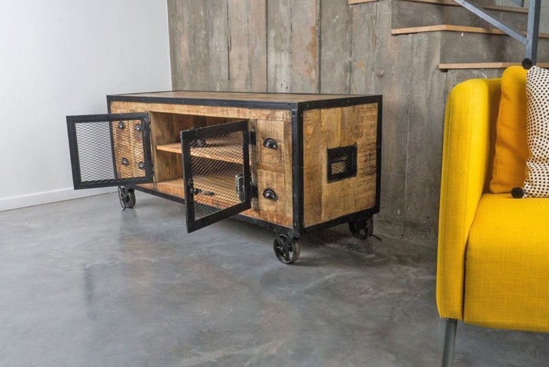 industrieel TV meubel met 6 laden carbonkleurige afwerking