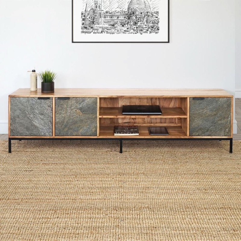 TV-meubel 200 cm in acaciahout met stenen deur - Florence