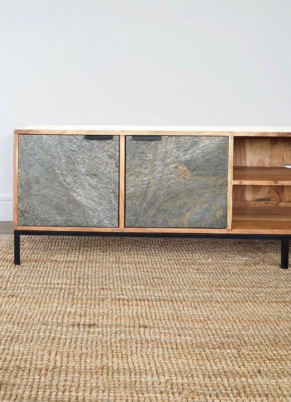 TV-meubel 200 cm in acaciahout met stenen deur - Florence