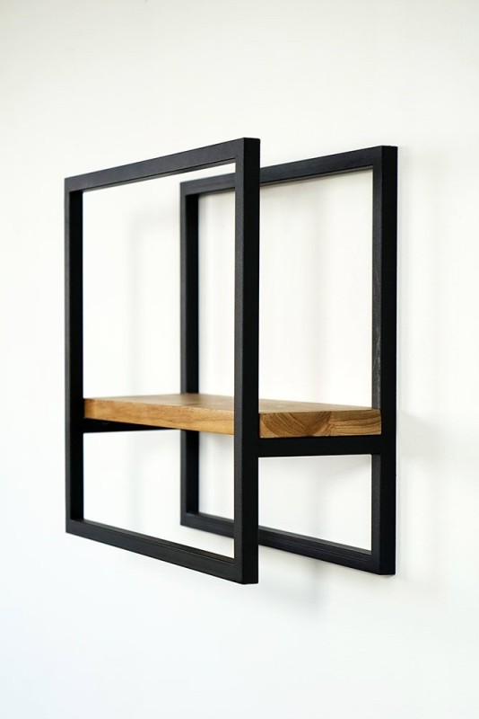 Rechthoekige wandplank van hout en metaal 40 x 35 cm - Strip