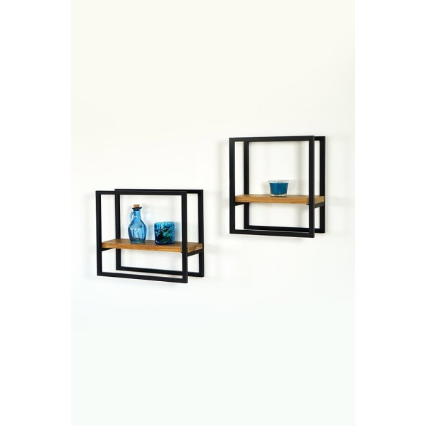 Set van 2 rechthoekige houten en metalen wandplanken - Strip
