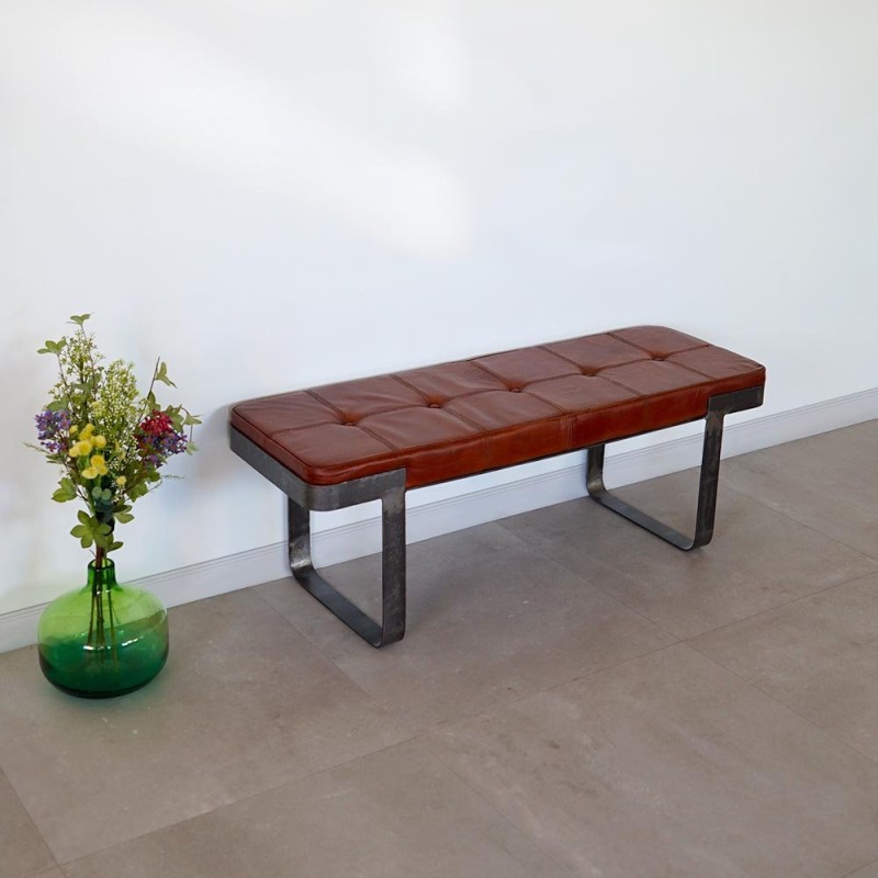 Industriële bank in bruin leer en metaal