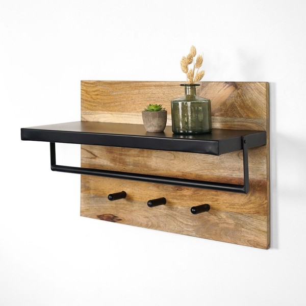 Massief houten kapstok met metalen plank en 3 haken