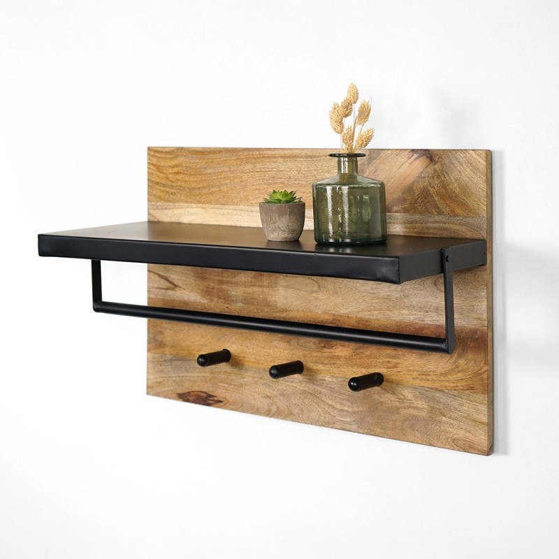 Massief houten kapstok met metalen plank en 3 haken