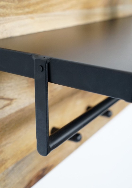 Massief houten kapstok met metalen plank en 3 haken