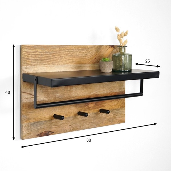 Massief houten kapstok met metalen plank en 3 haken